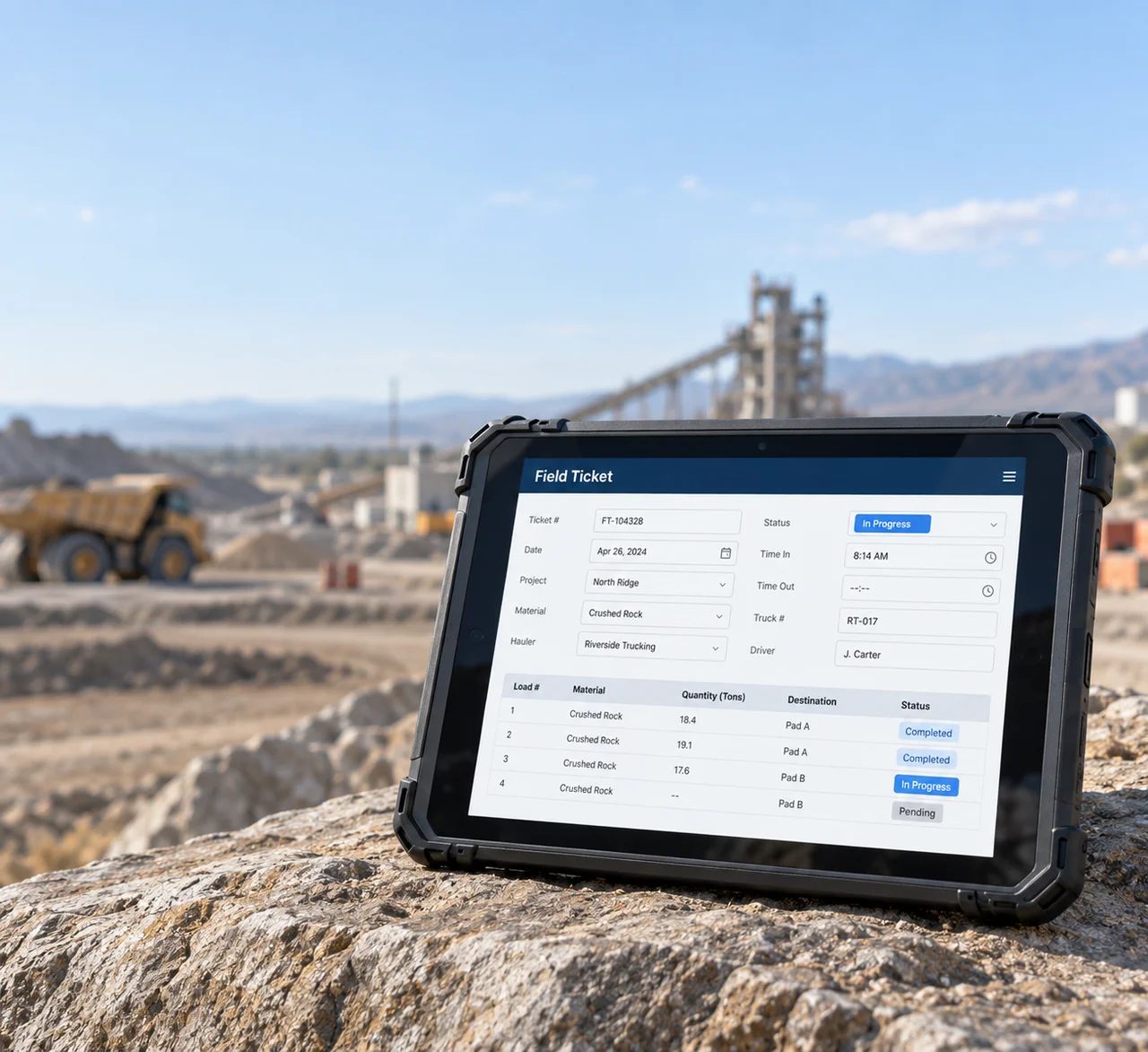 Field operations software shown on a rugged tablet at a worksite