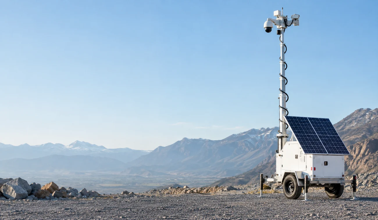 Mobile surveillance trailer at a remote mountain worksite